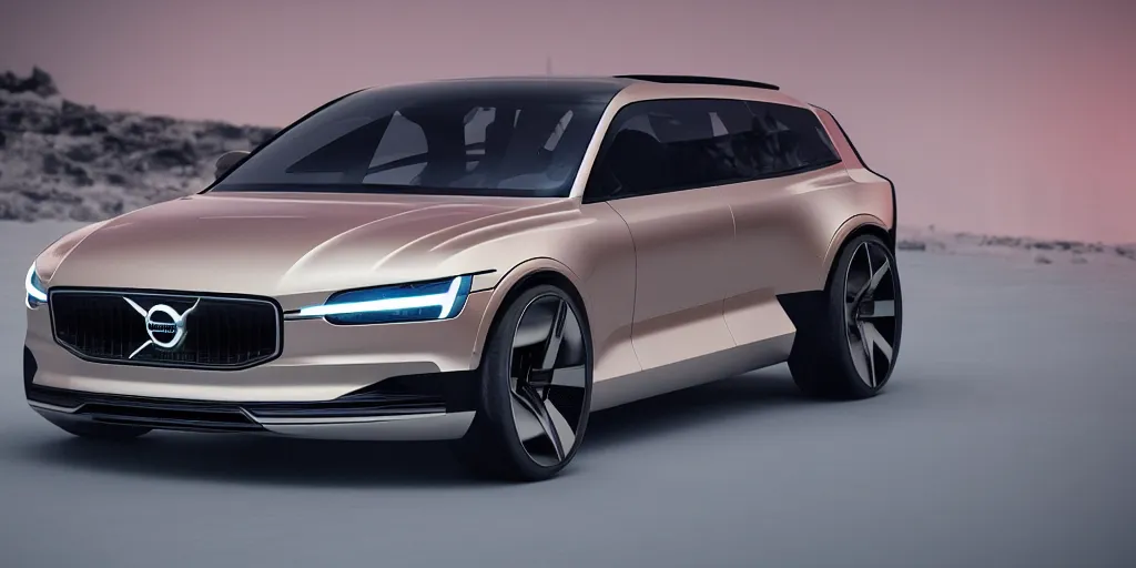 Image similar to a design of a futuristic Volvo, designed by Polestar, northern lights background, brushed rose gold car paint, black windows, dark show room, dramatic lighting, hyper realistic render, depth of field