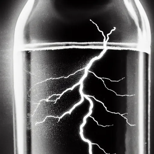 Prompt: close up photo of a lightning bolt trapped inside of a clear glass bottle