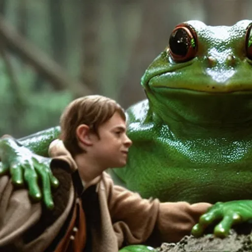 Prompt: movie film still scene, lord of the rings with frog heads