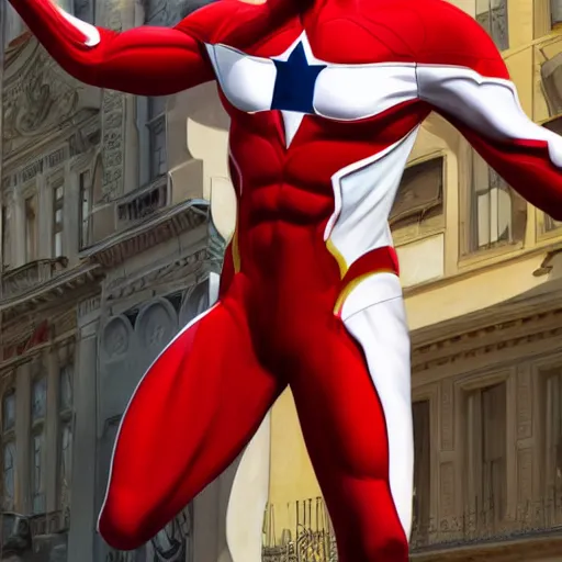 Prompt: highly realistic digital painting of a superhero, red and white costume colors, with an eagle emblem, eagle logo, vienna city, european buildings, austrian architecture, highly detailed, digital painting, artstation, concept art, smooth, sharp focus, illustration, unreal engine 5, 8 k, art by artgerm and greg rutkowski and edgar maxence