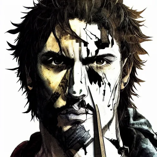 Prompt: self portrait, roman man with battle scar on his chest holding his sword on his shoulder by yoji shinkawa, pencil art, detailed, handsome, colored, bloody