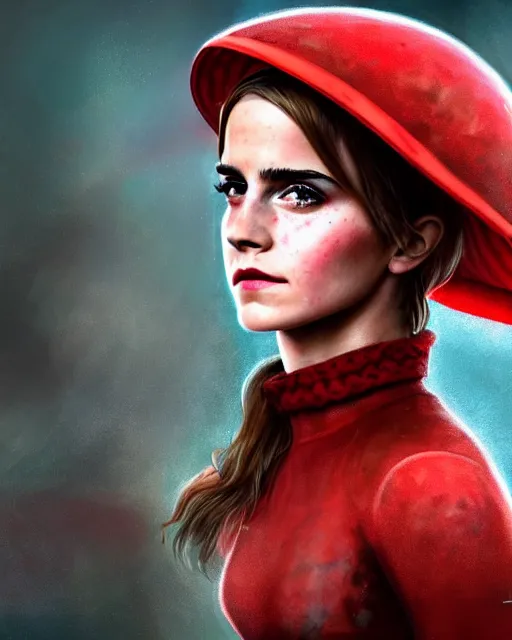 Prompt: highly detailed closeup, of emma watson, dressed in a red mushroom hat and clothes, full face view, on a battlefield, hyper realistic, psychedelic, illustration, digital paint, matte paint, vivid colors, detailed and intricate environment