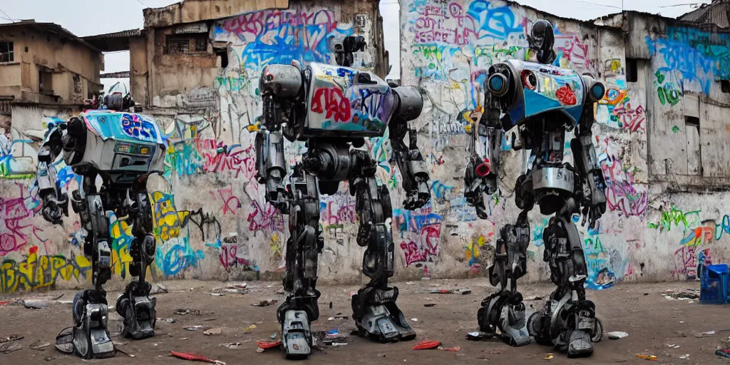 Image similar to giant mecha ROBOT of AJEGUNLE SLUMS of Lagos, graffiti on robots,