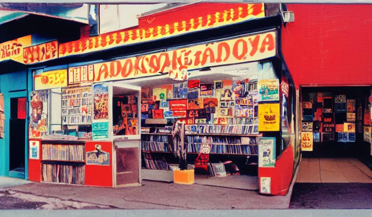 Image similar to A record store designed by Tadanori Yokoo, 35mm film, long shot