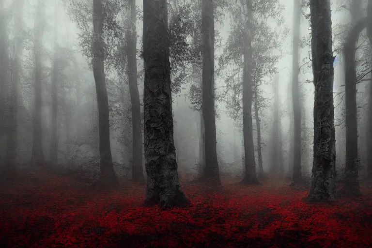 Image similar to deep dark moody forest, red fog on the ground, bleak. big stones, dark mood. mysterious. doom. realistic painting. photobashing, matte painting, highly detailed, autumn, cinematic, hyperralistic, artstation