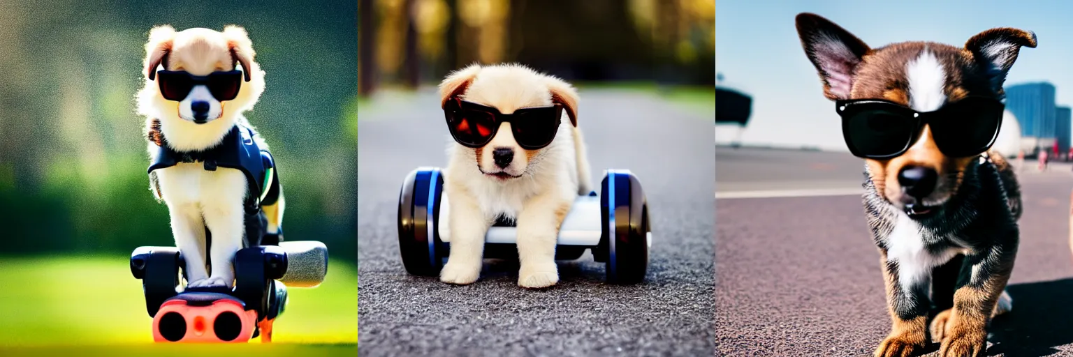 Prompt: puppy wearing sunglasses while riding on a hover board at the park, photo, bokeh