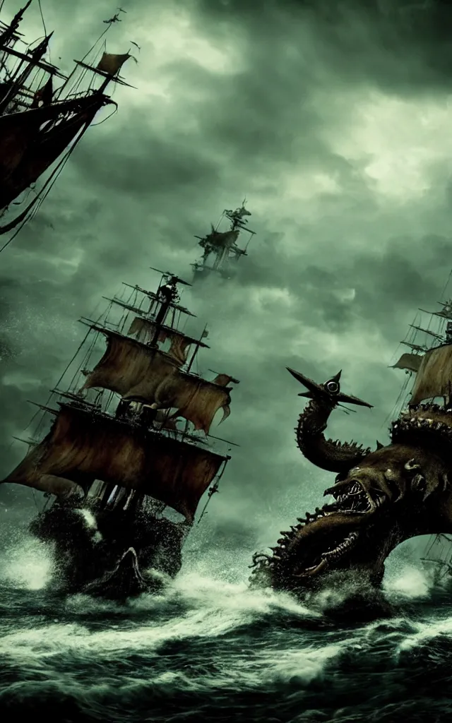 Image similar to pirates fighting kraken, cinematic atmosphere, maximized, high detail, 8k, ornate, dark fantasy, masterpiece, complex, film still from the movie directed by Denis Villeneuve