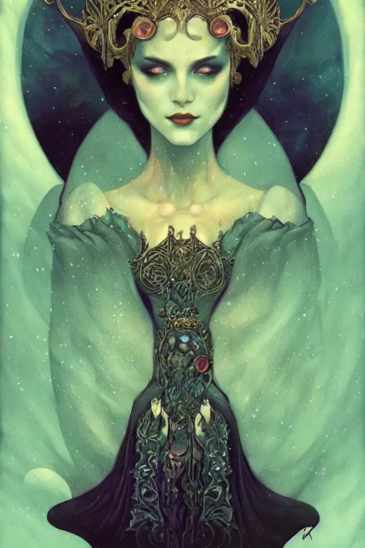 Image similar to jeweled Crown, other worldly, cruel and dark, art nouveau, by Anato Finnstark, Tom Bagshaw, Brom