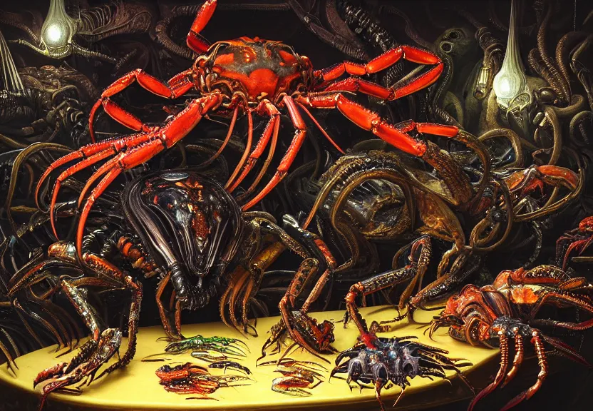 Prompt: an opulent banquet of food on a table covered with colorful glowing neon crabs and glowing neon lobsters and iridescent scarabs. lots of clouds of smoke and explosions. giger ’ s xenomorph. the thing. reclaimed lumber, detailed and intricate environment, hyperrealism, food photography, rembrandt