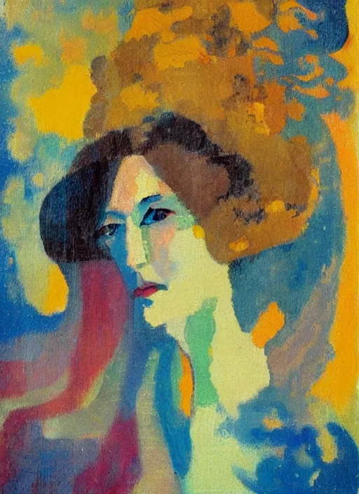 Prompt: an abstract portrait of a lady enshrouded in an impressionist representation of Mother Nature and the meaning of life by Igor Scherbakov, abstract, thick visible brush strokes, figure painting by Anthony Cudahy and Rae Klein, vintage postcard illustration, minimalist cover art by Mitchell Hooks