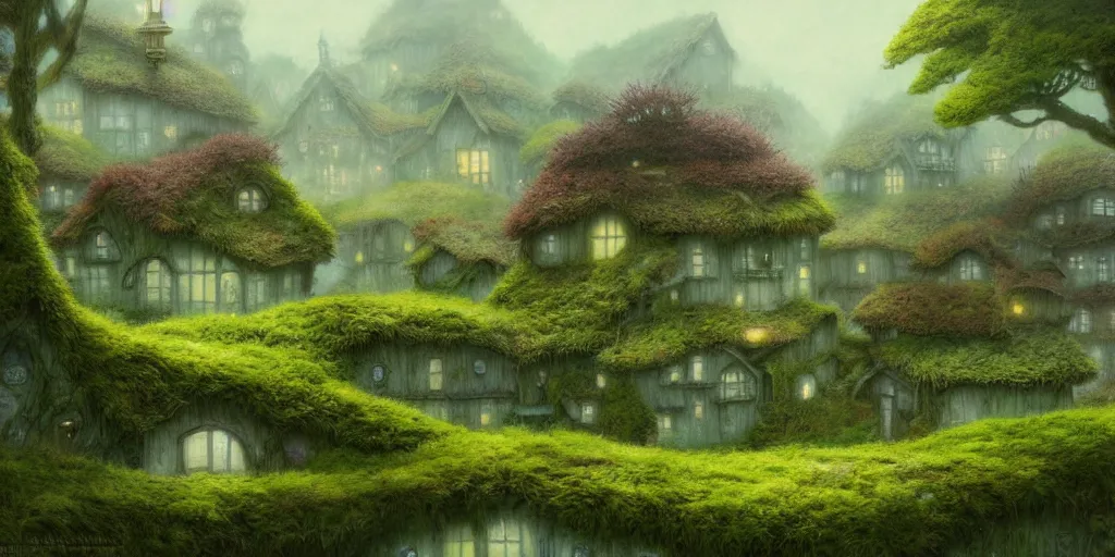 Image similar to a mossy village, dreamy, liminal space illustrated by miyazaki, hiroyuki kato, keisuke goto, highly detailed, concept art, illustration art