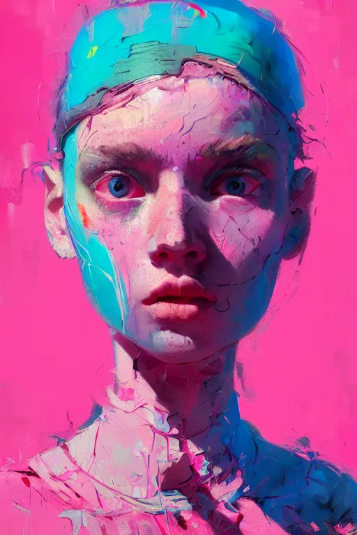 Prompt: portrait of a beautiful girl living in a postapoliptic forgotten world, she has seen war and has seen death, in the colors hot pink and cyan, beautiful face, rule of thirds, complex outfit, spotlight, by greg rutkowski, by jeremy mann, by francoise nielly, by van gogh, digital painting