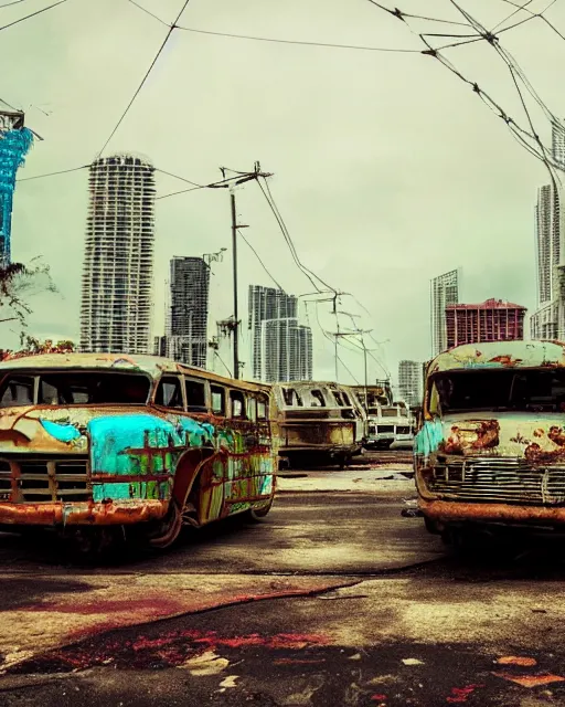 Image similar to wide angle shot of dilapidated fallout 5 miami, tropical coastal city, desolate, dilapidated, some rusted retro futuristic vintage parked vehicles like cars, buses, trucks, trams, slight overcast weather, fog, volumetric lighting, photorealistic, daytime, autumn, sharp focus, ultra detailed,