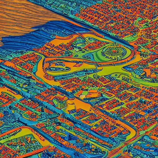 Prompt: Aerial map Simpson\'s town of Springfielda, highly detailed, digital painting art james gurney, cinematic, golden hour