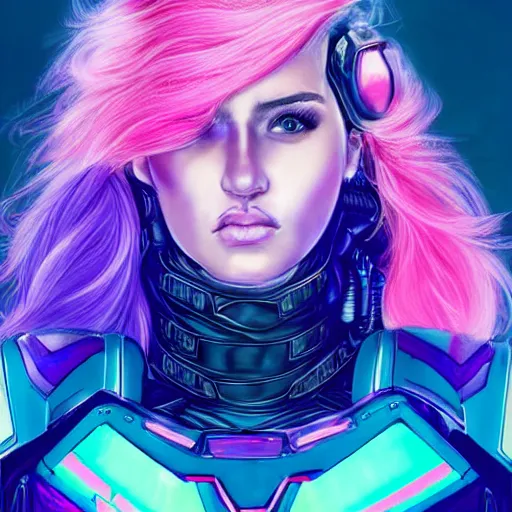 Image similar to a stunning upper body portrait of a beautiful young woman wearing futuristic navy blue and teal battle bodyarmor and pauldrons and ombre purple and pink hairstyle with hair blowing in the wind, by marvel comics, neon, highly detailed, fine detail, intricate, digital art, trending on artstation