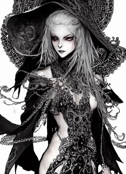 Image similar to beautiful human witch with blonde short curtly hair in intricate ornate witch robe, haughty evil look, witch hat. in style of yoji shinkawa and hyung - tae kim, trending on artstation, dark fantasy, great composition, concept art, highly detailed, dynamic pose.