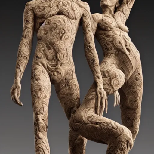 Image similar to dmt bodies. Mesh of human figures intertwined. earthen colors. Realistic marble sculptures.