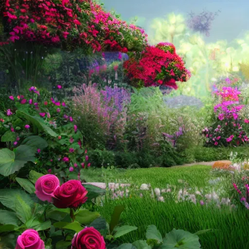 Prompt: a beautiful bunglow with garden filled with roses in the sea, realistic, artstation, 8k, high definition