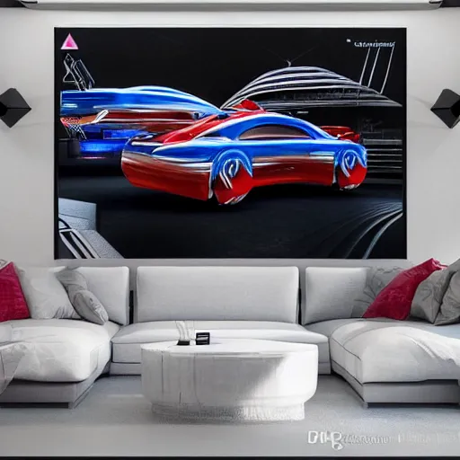 Image similar to sci-fi cars 30% of canvas in center and wall near structure on the coronation of napoleon painting and digital billboard in the middle and everything in style of zaha hadid and suprematism forms unreal engine 5 keyshot octane artstation trending ultra high detail ultra photo realistic 8k 16k in plastic dark tilt shift