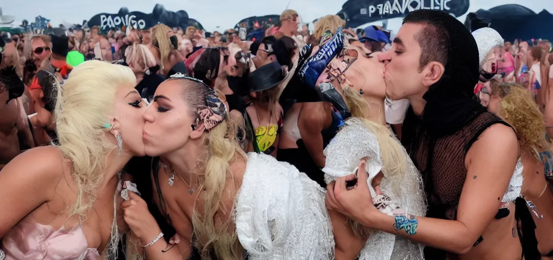 Prompt: tabaluga kissing lady gaga, in parookaville