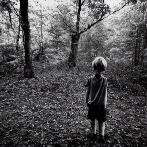 Image similar to kid looking at camera in forest at night, far away from camera, 70s photo, out of focus, motion blur, cctv footage, horror movie, horror lighting, blair witch project, old photo