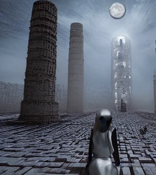 Image similar to tarkovsky greatest scene stalker movie, the ancient destroyed majestic tower of babylon, woman in a futuristic cyber clothing, transparent puffer jacket, hyperrealistic, blockchain, cyber world, ambient lighting, concept art, intricate sky, hyper - detailed, smooth, dynamic volumetric lighting, octane, ray trace, cinematic, high quality, cgsociety