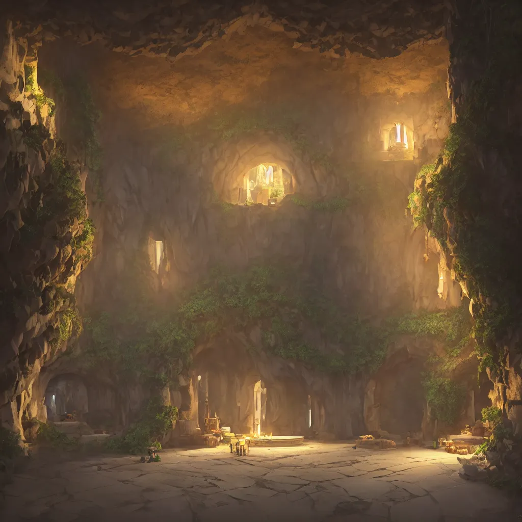 Image similar to ground floor of secret overwatch common area carved inside a cave, doors to various living quarters, magical, natural light, huge central tree, flowers, candle light, cinematic lighting, clean lines, cozy, fantasy, minimalist architecture, sharp focus, concept art, octane render 4 k, artstation, by greg rutkowski