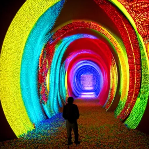 Image similar to a man standing in a tunnel with a colorful background, an abstract sculpture by huang ding, featured on dribble, interactive art, made of insects, biomorphic, irridescent