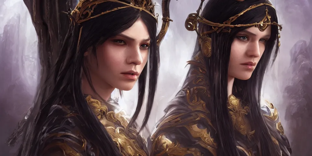 Image similar to a young beautiful priestess with long black hairweaving golden strings of magic, barroque painting, ultra realistic. cinematic, dynamic. magic the gathering style. epic fantasy, insanely detailed, 4k, symmetrical face, rpg character reference. gourgeous.