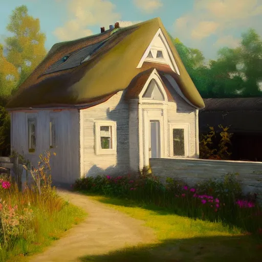 Prompt: cottage aesthetic, oil painting, pale colors, high detail, 8 k, wide angle, trending on artstation,