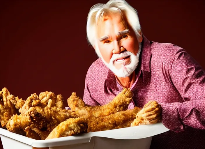 Prompt: photo still of kenny rogers in a fried chicken pit!!!!!!!! at age 4 6 years old 4 6 years of age!!!!!!!! hiding from parents, 8 k, 8 5 mm f 1. 8, studio lighting, rim light, right side key light