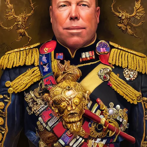 Prompt: UHD hyperrealistic impressive photo of Alex Jones, dressed as a highly decorated admiral, wearing authentic medals, correct face, accurate face, intricate details, ornate attire, in the warrior, by Ayami Kojima, Amano, Karol Bak, Greg Hildebrandt, and Mark Brooks, by Antonio Caparo and Ferdinand Knab and Greg Rutkowski UHD photorealistic trending on artstation