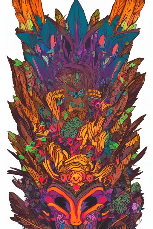 Image similar to animal mask totem roots flower tribal feather gemstone plant wood rock shaman vodoo video game vector cutout illustration vivid multicolor borderlands comics by josan gonzales and dan mumford radiating a glowing aura