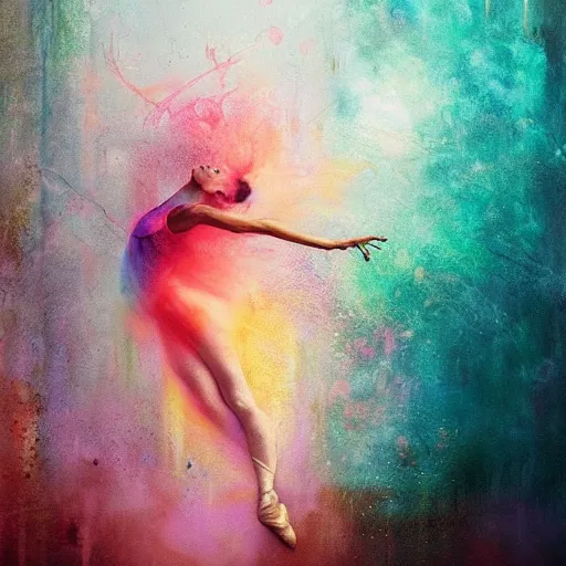 Prompt: ballet resonant frequency by cy Twombly and BASTIEN LECOUFFE DEHARME, colorful, iridescent, volumetric lighting, abstract