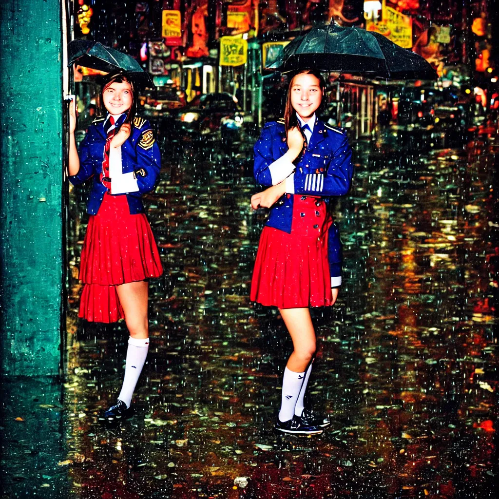 Image similar to night flash portrait photography of a high school girl in uniform on the lower east side by annie leibovitz, colorful, nighttime!, raining!