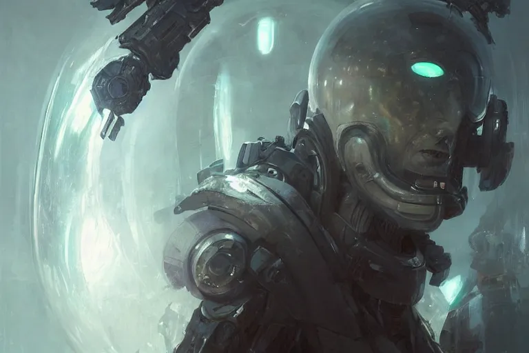 Image similar to portrait sci-fi art by Greg Rutkowski and Ruan Jia and artgerm, a glowing alien bubble floating above the hand of a soldier, futuristic environment, detailed and intricate environment, biomech, cyberpunk, high technology, highly detailed portrait, digital painting, artstation, concept art, smooth, sharp foccus, ilustration, Artstation HQ