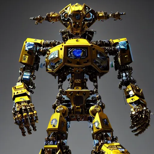 Image similar to a intricate ornate boxing humanoid mecha, punk, by war robots, real steel ( 2 0 1 1 ), westworld and pacific rim movie and ps 5 game machine warrior 5, cryengine, frostbite 3 engine, blue and yellow scheme, sharp focus, 8 k, high definition, insanely detailed, soft lighting, smooth face