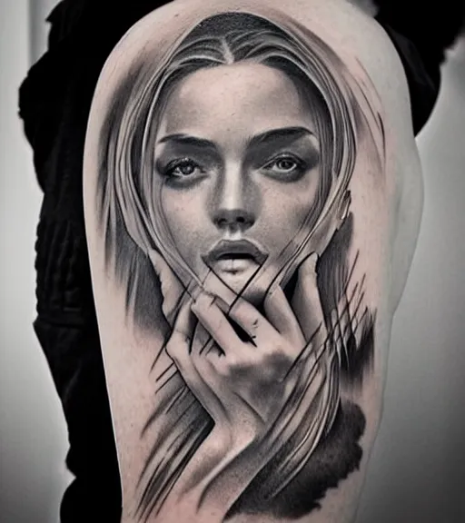 Image similar to amazing blend effect of a beautiful woman face next to mighty mountains, tattoo design sketch, hyper - realistic, in the style of matteo pasqualin, amazing detail, black and white