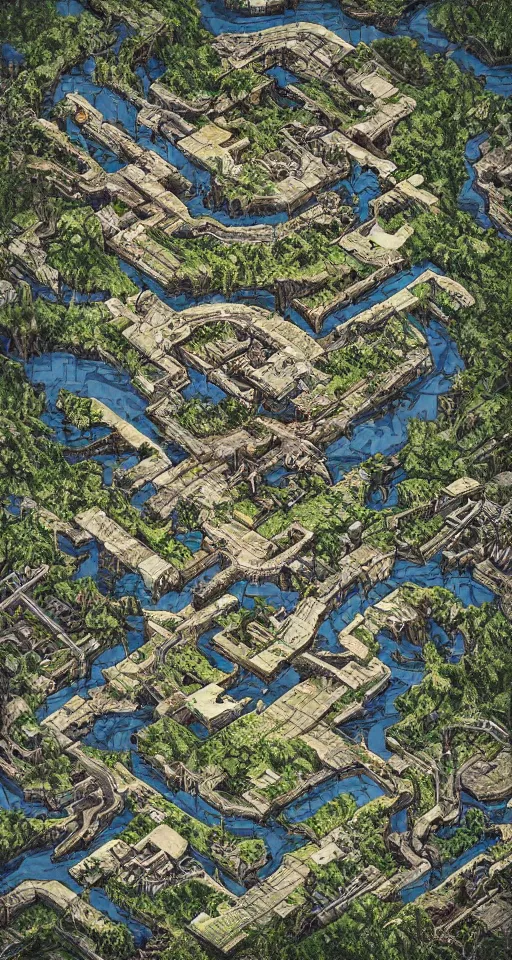 Prompt: an aerial view of a postapocalyptic world that nature has reclaimed, in the style of MC Escher