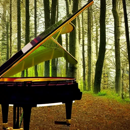 Image similar to grand piano in the middle of the forest, detailed, realistic, birds on the piano