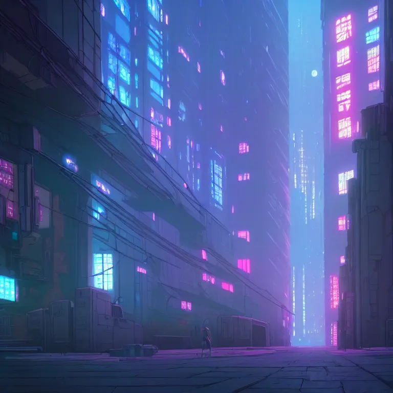 Image similar to city wall in the atmospheric cyberpunk anime film, gouache matte background painting, neon noir, at night with lights, by makoto shinkai, in the anime series ergo proxy, beautiful specular edge highlights and rim lighting