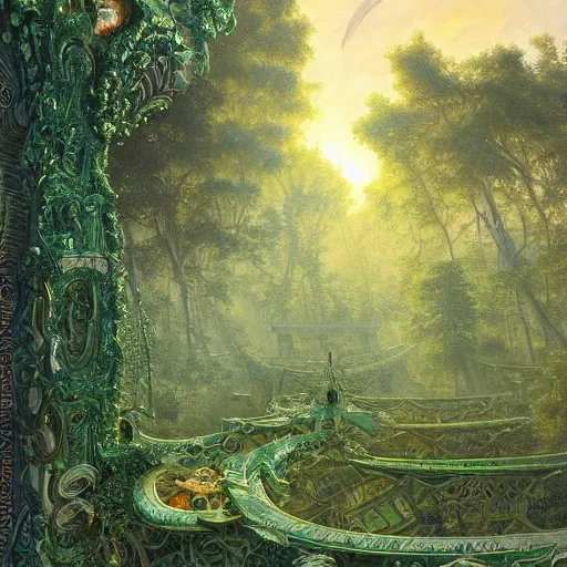 Image similar to a detailed oil painting by michael whelan and donato giancola of an intricate, ornate palace made of green, polished semiprecious malachite marble and jade, hyper detailed, hd, artstation, beautiful sunrise lighting, surrounded by trees