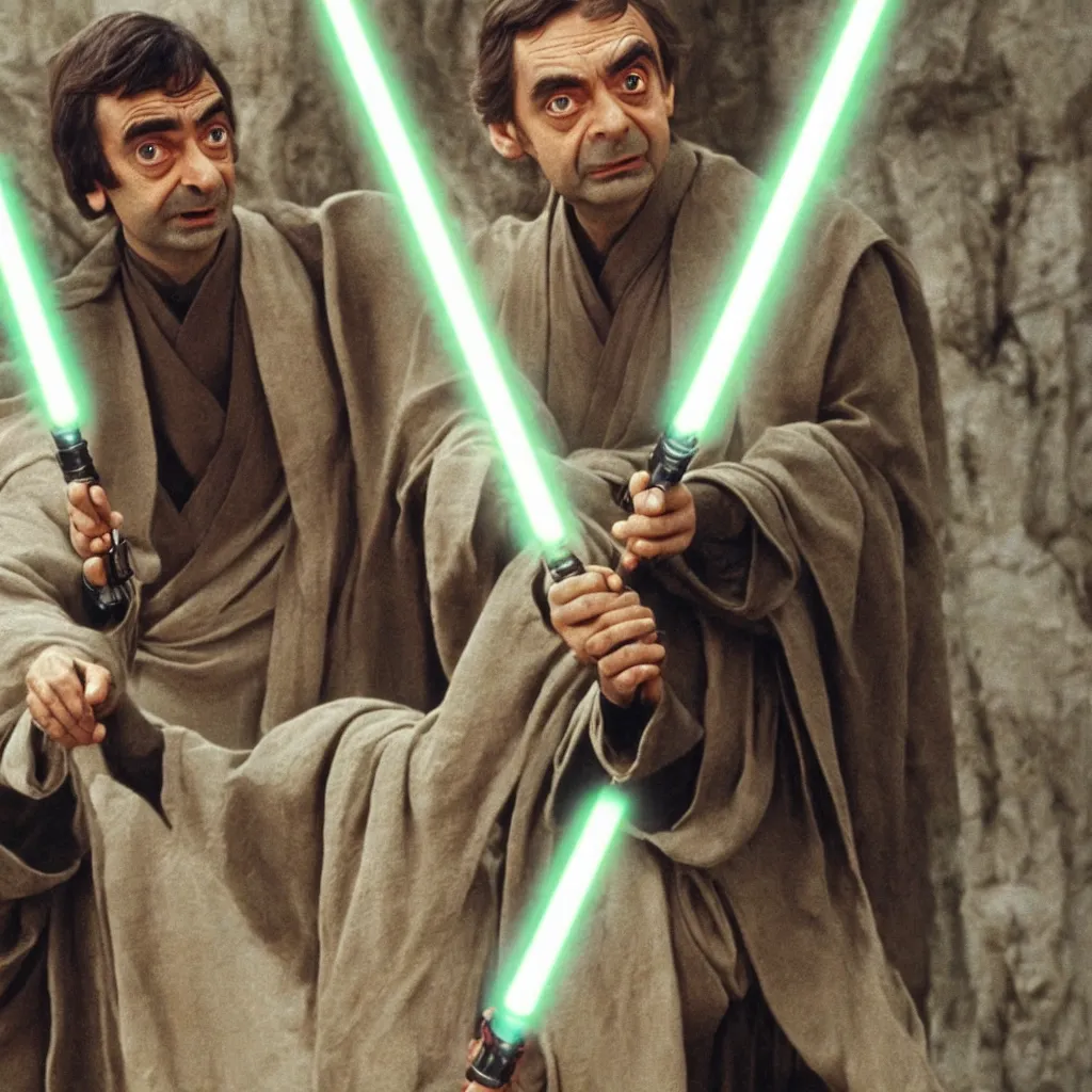 Image similar to Still of Mr. Bean as jedi master Obiwan kenobi!!!!. in Star Wars (1977). detailed eyes. medium shot, technicolor. light saber