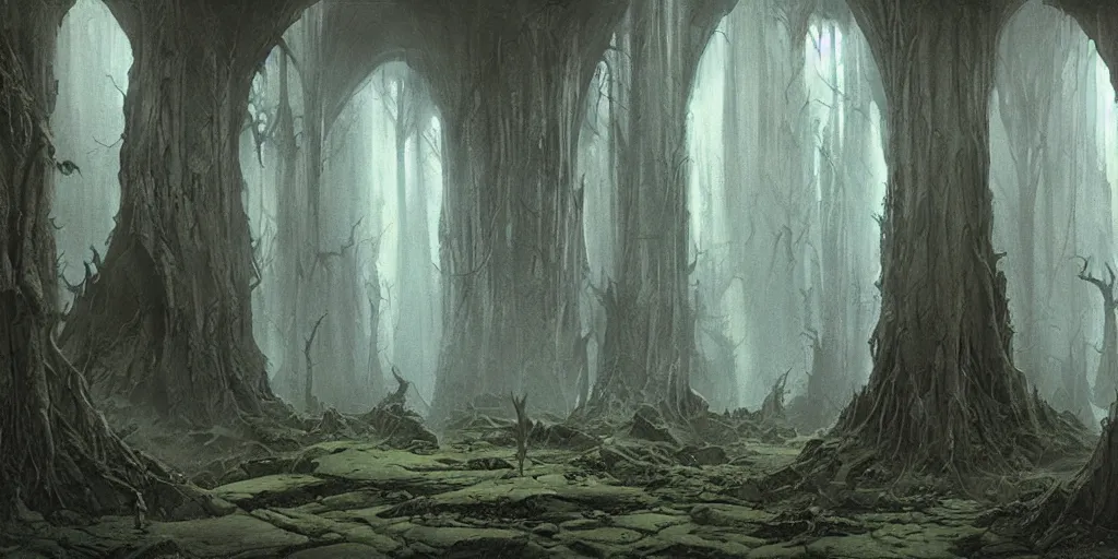 Image similar to artwork by john howe of a forest of abyss elders