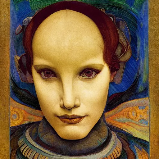 Image similar to the little android queen, by annie swynnerton and diego rivera and elihu vedder and lucien freud and jean delville, symbolist, dramatic lighting, elaborate geometric ornament, head and shoulders view, art brut, soft cool colors, smooth, sharp focus, extremely detailed, adolf wolfli, leo and diane dillon, nicholas roerich