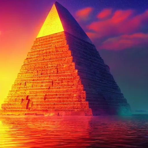 Image similar to ancient pyramid in the middle of the sea, retrowave epic art, trending on art station