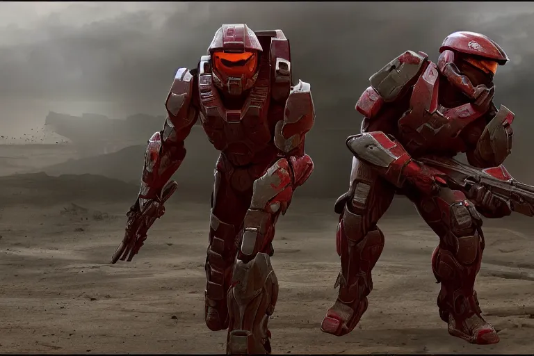 Image similar to halo 3 post - apocalyptic, red spartan, ingame render