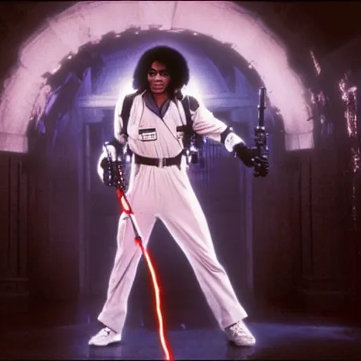 Image similar to stunning awe inspiring michael jackson with a highly detailed face as a ghostbuster in the movie ghostbusters, movie still 8 k hdr atmospheric lighting