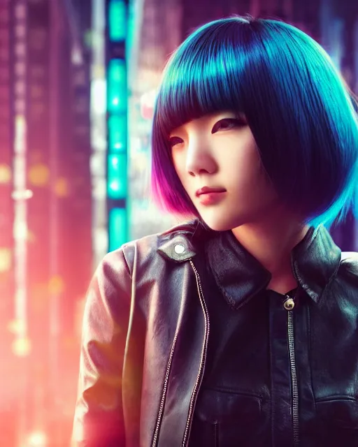 Image similar to Beautiful young Japanese girl with glowing teal hair bob haircut, bangs, leather jacket, cyberpunk city background, in the style of Anna Dittman, fashion photography