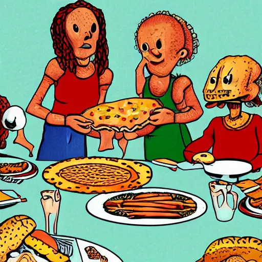 Image similar to aliens making first contact with humans and having a thanksgiving style feast with a table full of pizza, hamburgers, and fried chicken. digital art. faded colors. americana.